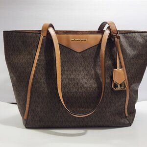 Michael Kors Whitney Large Tote Bag Brown Signature Print Tan Leather Accents